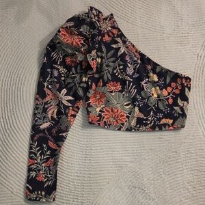 Zara One-Shoulder Floral Crop Top - Black with Coral & Olive